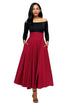 Sexy Red Retro High Waist Pleated Belted Maxi Skirt